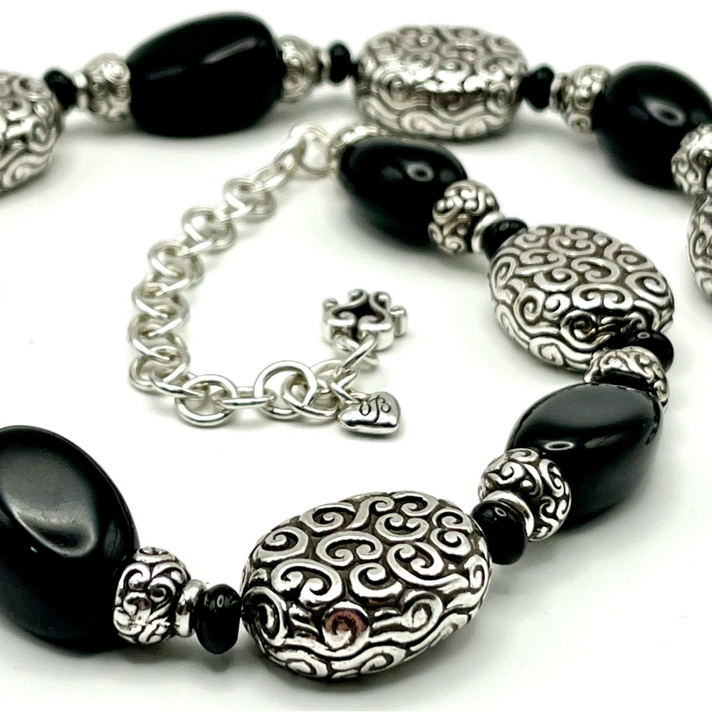 Brighton Full Moon Rising Silver & Onyx Necklace 16-20” Adjustable w/Bonus Bag